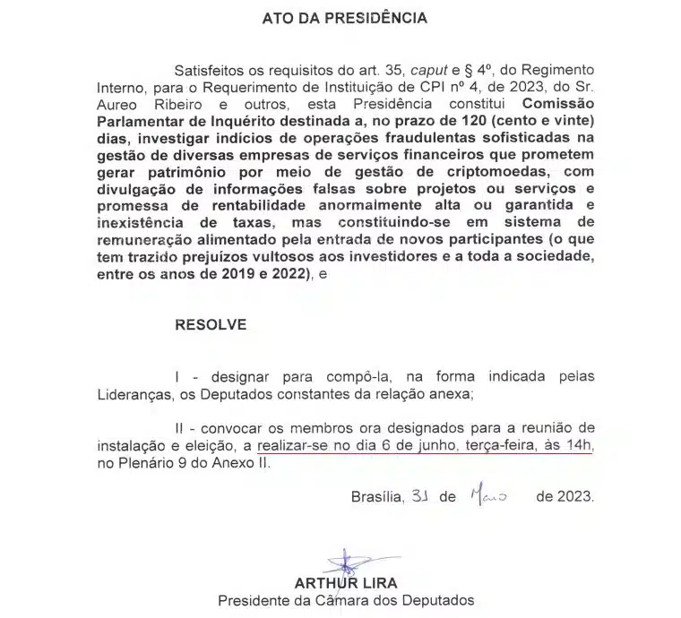 Arthur Lira assina Ato da Presidência que instala a CPI das Pirâmides Financeiras de criptomoedas