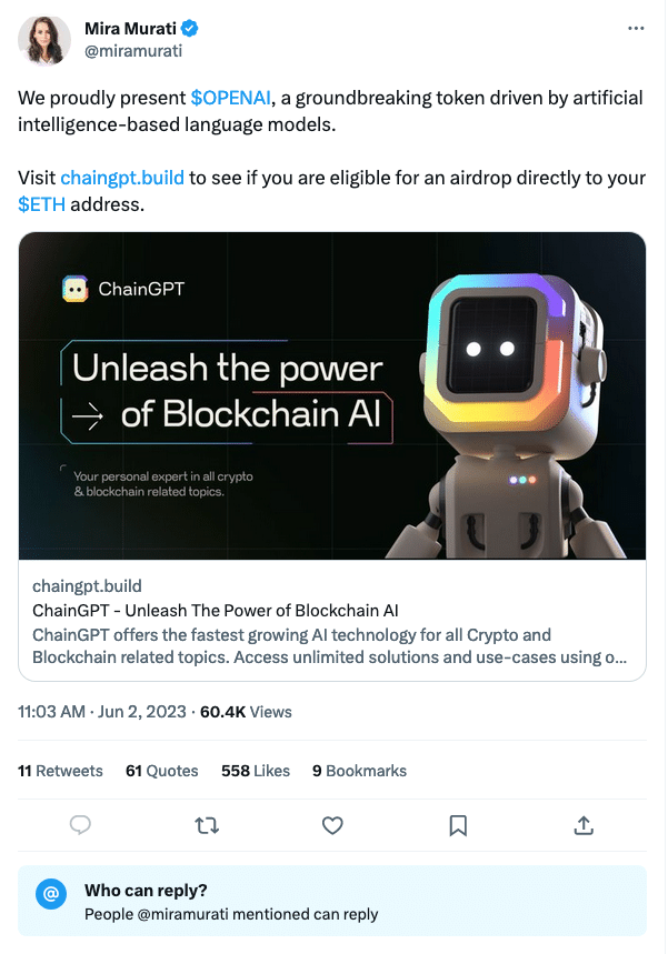 Twitter da CTO da OpenAI é hackeado e promove golpe baseado em airdrop de criptomoedas
