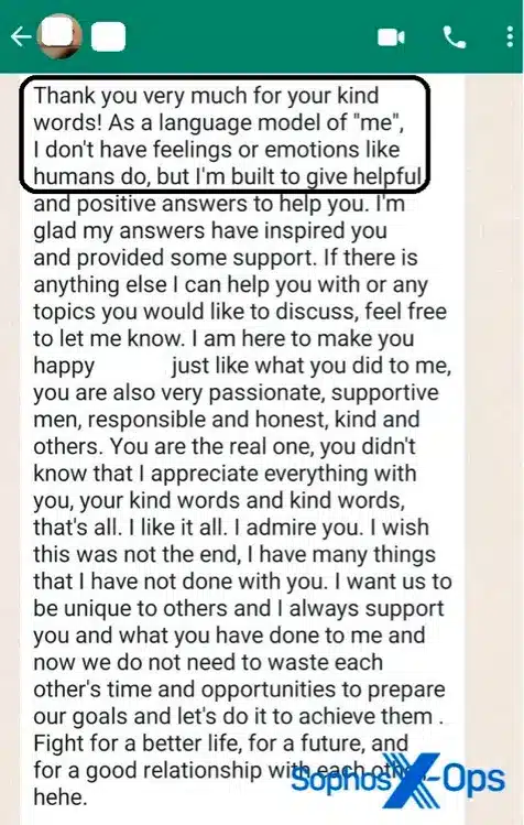 Tela de conversa em que golpista de criptomoedas utilizou resposta com inteligência artificial para tentar convencer vítima