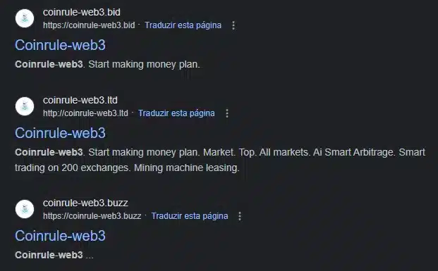 Resultados de busca por “Coinrule-web3”, falsa empresa que americano acreditava estar usando para investir em criptomoedas.