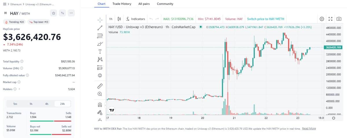 Criptomoeda HayCoin (HAY), sendo negociada por US$ 3,6 milhões (R$ 18 milhões) por unidade. Fonte: CoinMarketCap.