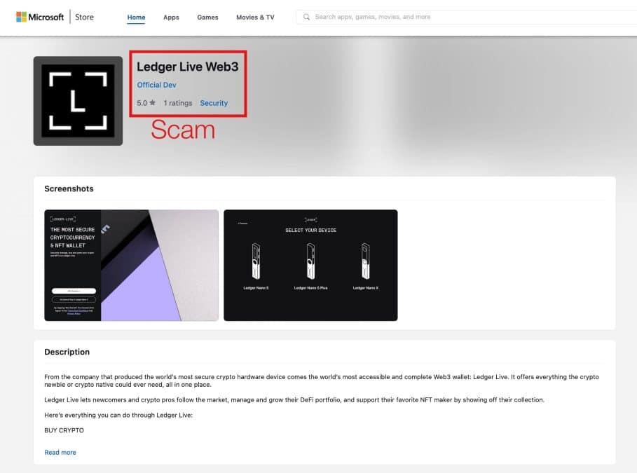 Carteira de criptomoedas falsa da Ledger na Microsoft Store. Fonte: ZachXBT/Reprodução.