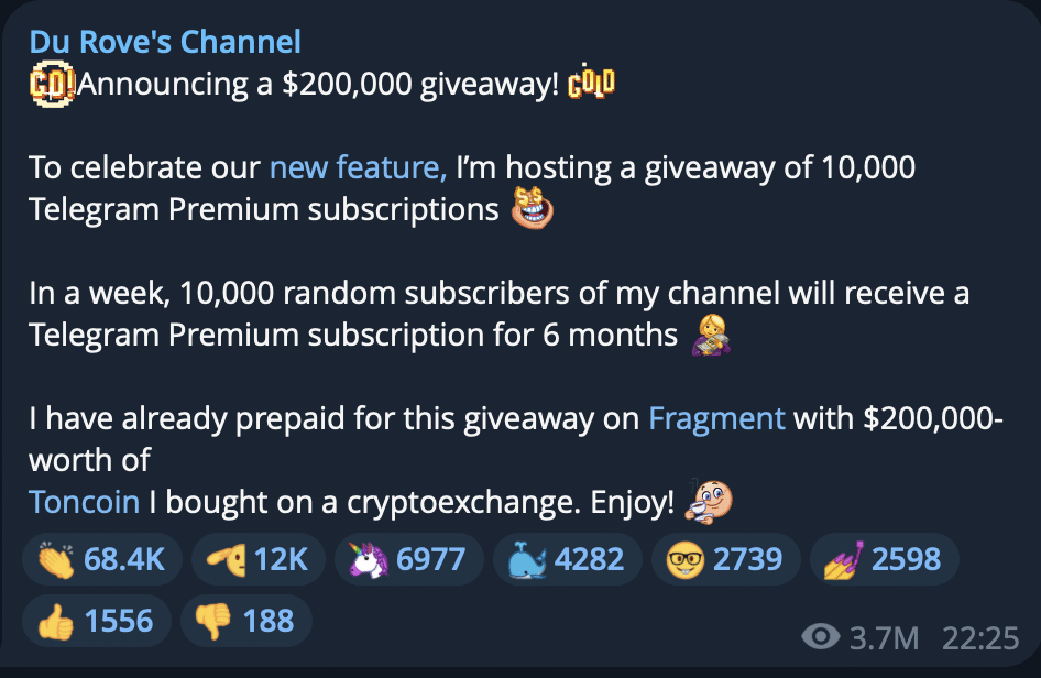 Preço da Toncoin (TON) disparou para a máxima de 11 meses após o Telegram lançar ‘Giveaways’