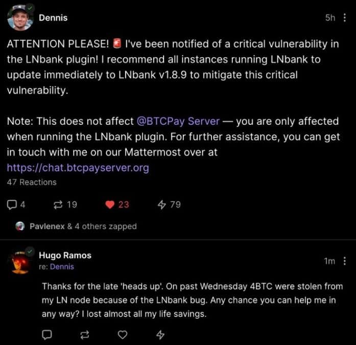 Desenvolvedor afirma que plugin da Lightning Network contém falha crítica, e português responde dizendo ter perdido 4 bitcoins. Reprodução.