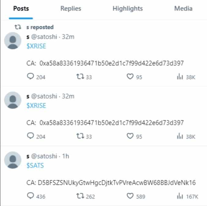 Perfil @satoshi promove duas shitcoins no Twitter. Fonte: Reprodução.