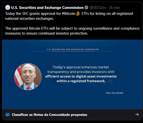 Tuíte da SEC anunciando falsa aprovação de ETFs de Bitcoin