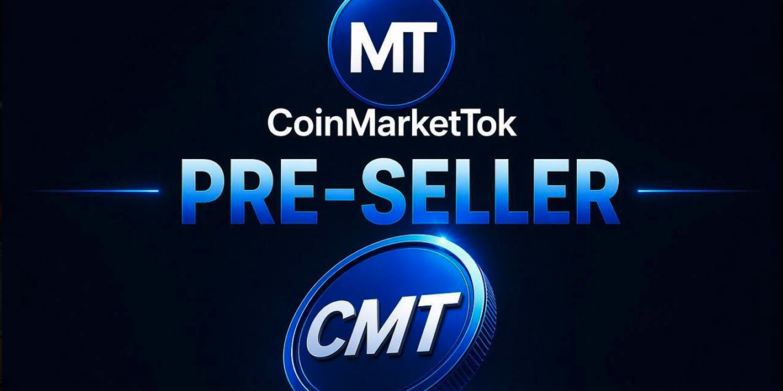 Banner oficial CoinMarketTok Pre-Seller com moeda CMT e fundo azul