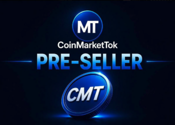 Banner oficial CoinMarketTok Pre-Seller com moeda CMT e fundo azul