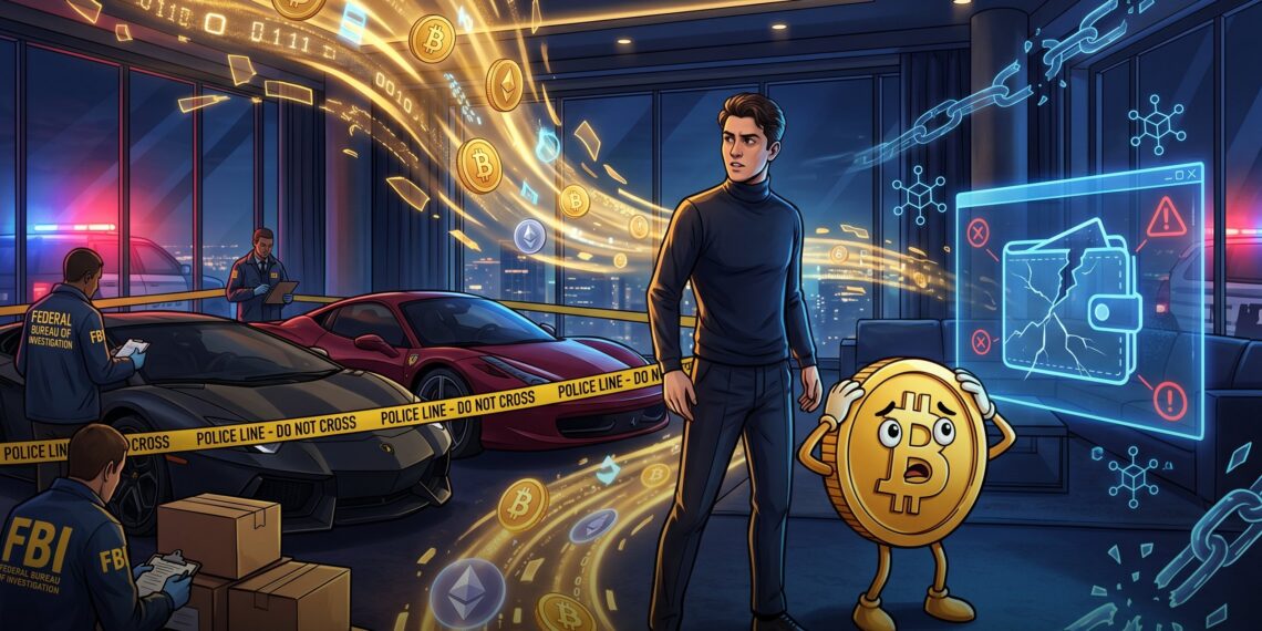 Ilustração editorial sobre golpe cripto de US$ 263 milhões, lavagem de dinheiro e carros de luxo apreendidos