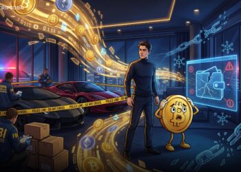 Ilustração editorial sobre golpe cripto de US$ 263 milhões, lavagem de dinheiro e carros de luxo apreendidos