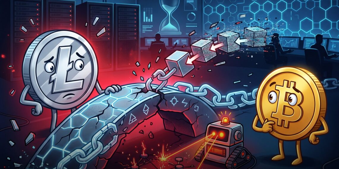 Ilustração sobre reorganização de 13 blocos na Litecoin após falha no MWEB