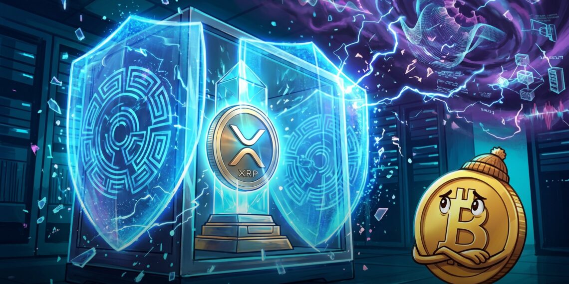 Ilustração editorial sobre XRP Ledger, Ripple e segurança pós-quântica
