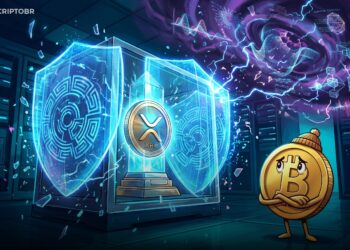 Ilustração editorial sobre XRP Ledger, Ripple e segurança pós-quântica