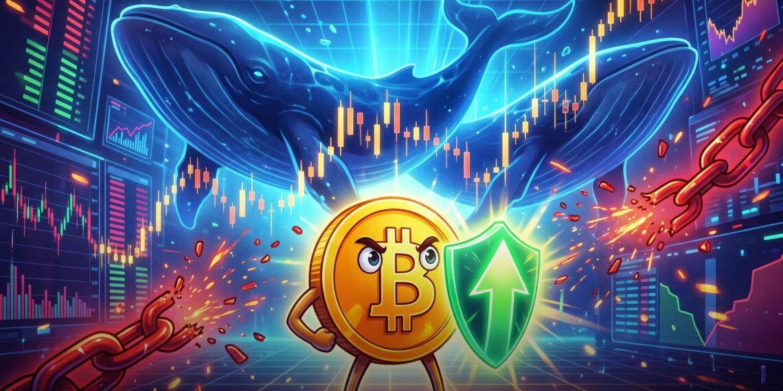 Mascote do Bitcoin diante de gráficos e baleias digitais em cenário de funding negativo e possível short squeeze