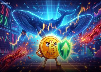 Mascote do Bitcoin diante de gráficos e baleias digitais em cenário de funding negativo e possível short squeeze