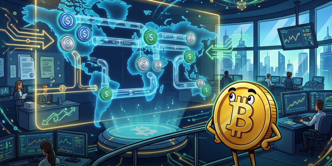 Ilustração sobre infraestrutura global de pagamentos com stablecoins multiativos