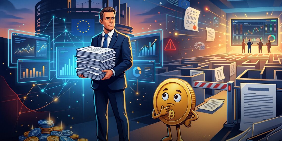 Ilustração editorial sobre MiCA, Bybit e licenças cripto na Europa