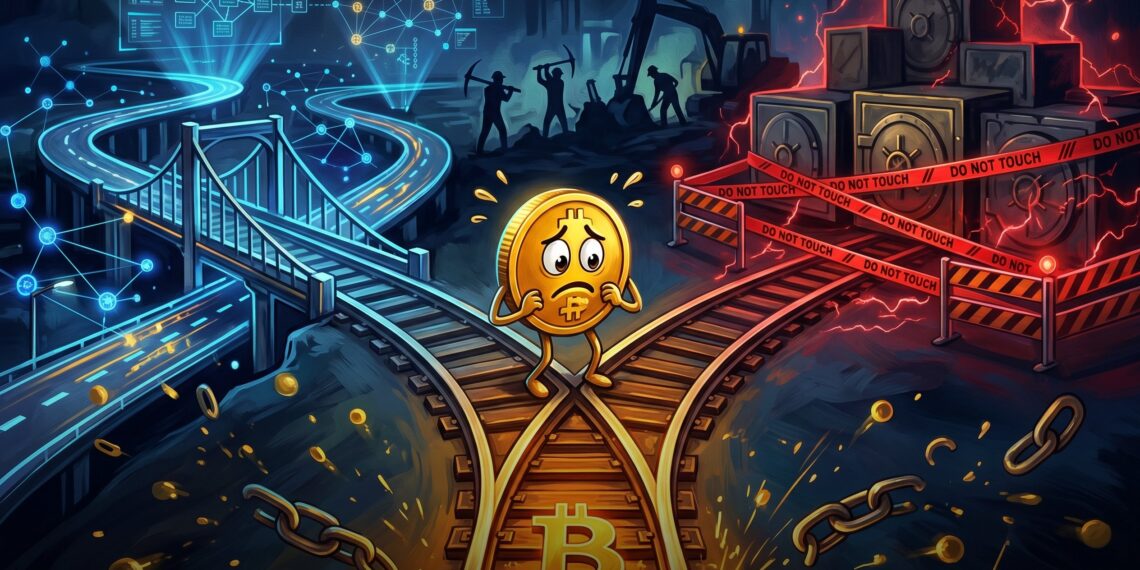 Ilustração editorial do fork eCash dividindo o Bitcoin e moedas de Satoshi