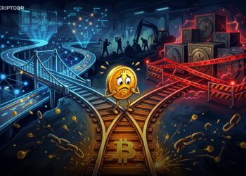 Ilustração editorial do fork eCash dividindo o Bitcoin e moedas de Satoshi