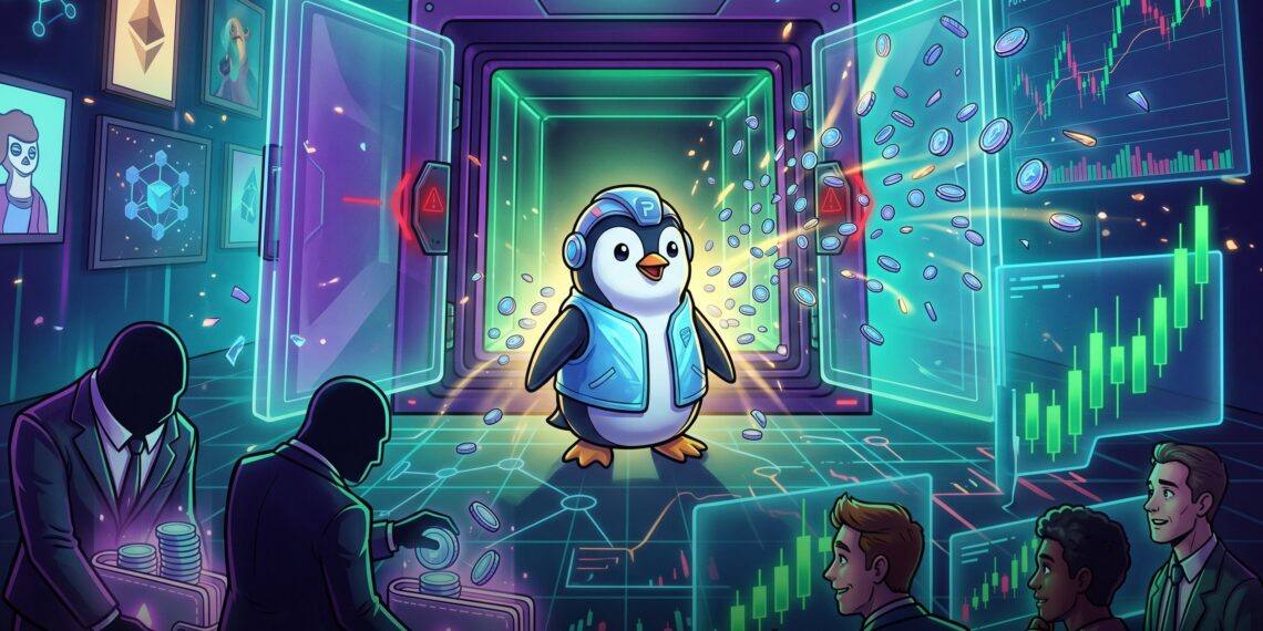 Ilustração editorial do token PENGU com unlock de tokens e alerta de liquidez