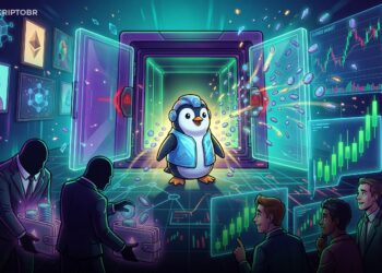 Ilustração editorial do token PENGU com unlock de tokens e alerta de liquidez
