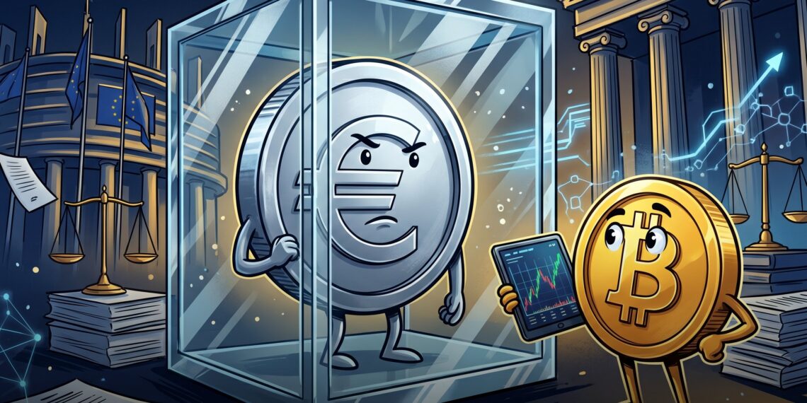 Ilustração editorial sobre stablecoins em euro sob regulação MiCA na União Europeia