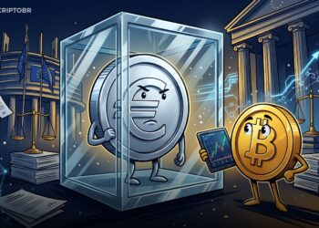 Ilustração editorial sobre stablecoins em euro sob regulação MiCA na União Europeia