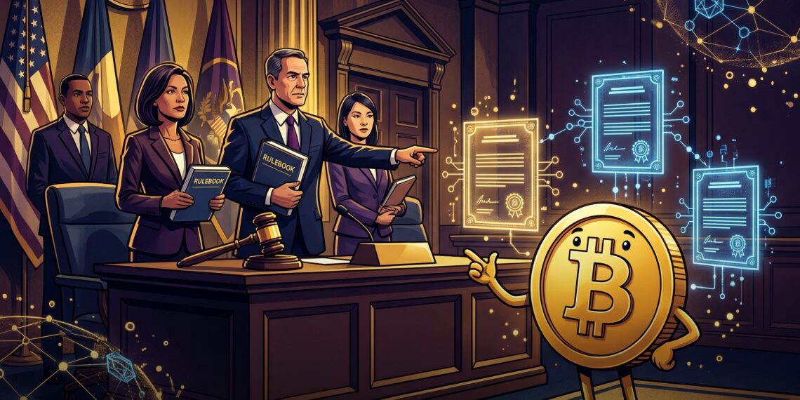 Ilustração editorial sobre SEC e CFTC criando regras para cripto nos EUA