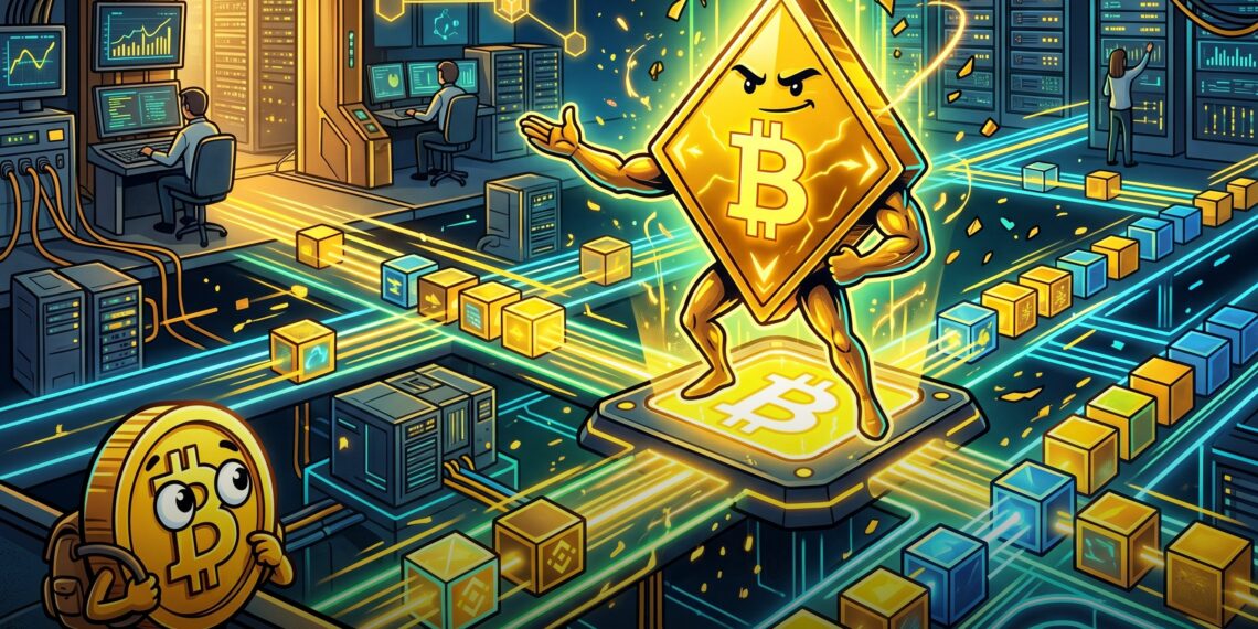 Ilustração editorial da BNB Chain com upgrade Osaka/Mendel acelerando a rede