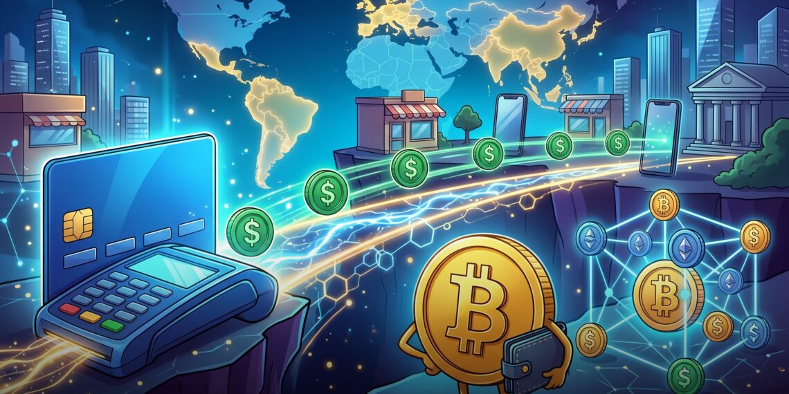 Ilustração de pagamentos on-chain com stablecoins, Visa e banco digital descentralizado