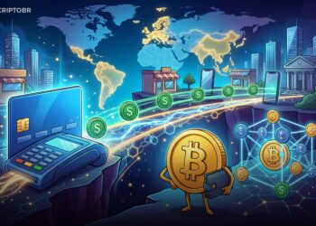 Ilustração de pagamentos on-chain com stablecoins, Visa e banco digital descentralizado