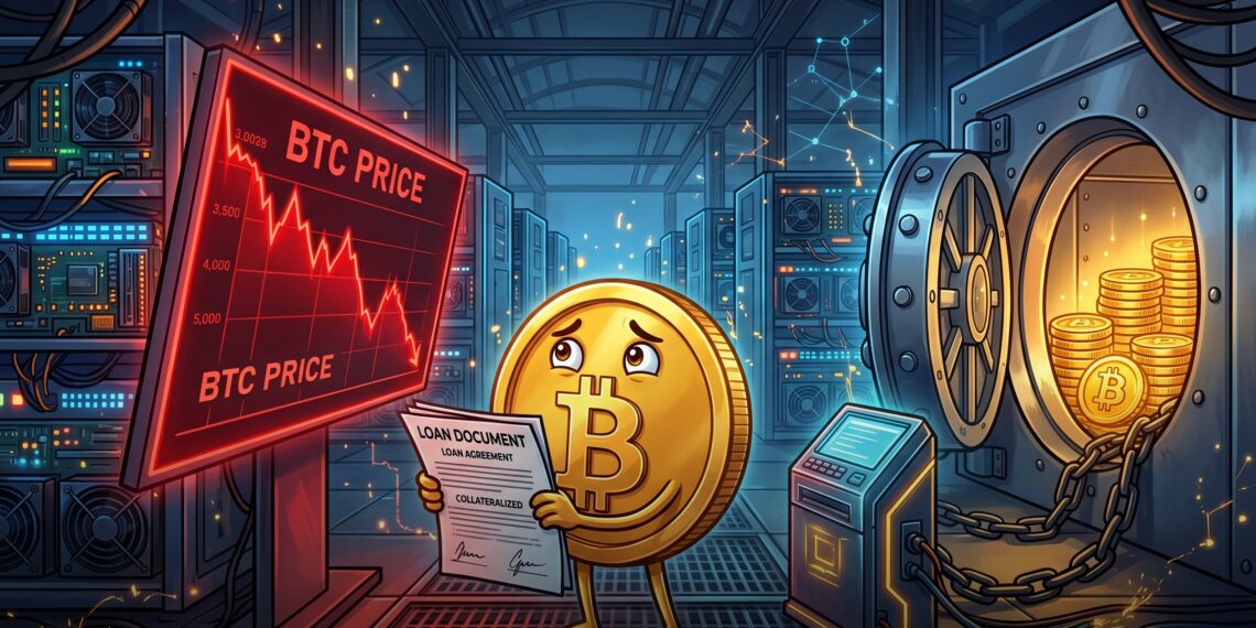 Ilustração editorial de mineradora de Bitcoin com cofre, documento de crédito e gráfico em queda