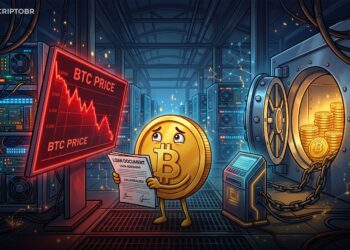 Ilustração editorial de mineradora de Bitcoin com cofre, documento de crédito e gráfico em queda