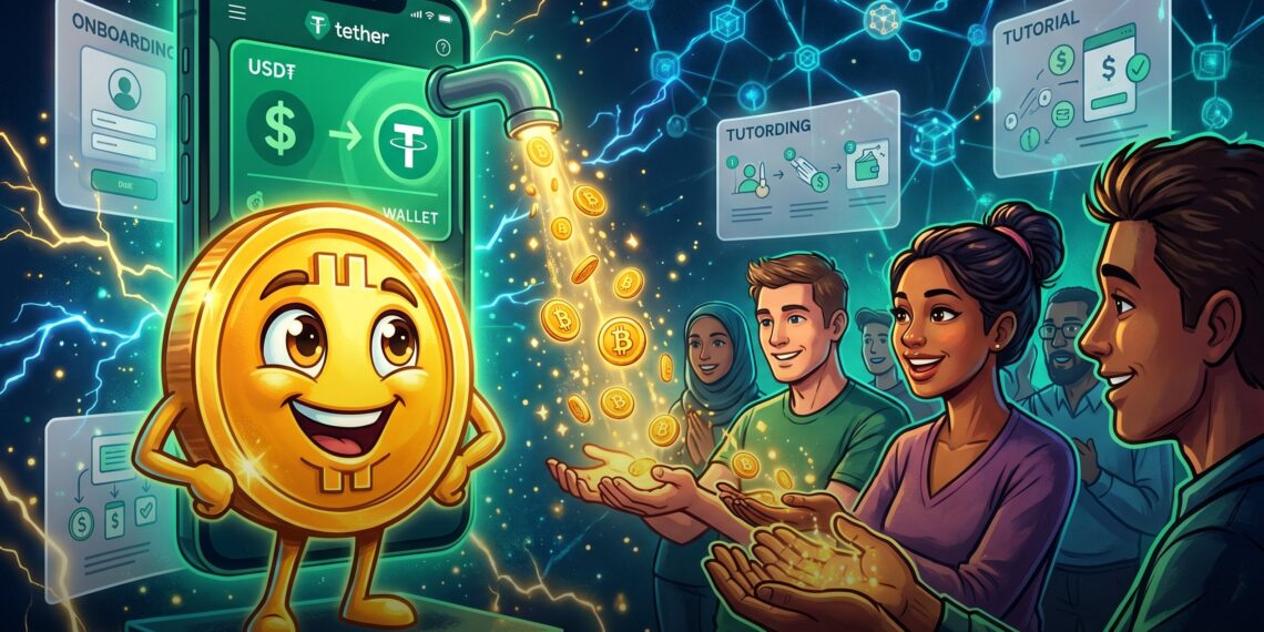 Banner editorial mostrando Tether Wallet distribuindo sats de Bitcoin para novos usuários