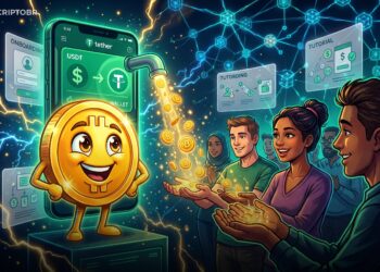 Banner editorial mostrando Tether Wallet distribuindo sats de Bitcoin para novos usuários