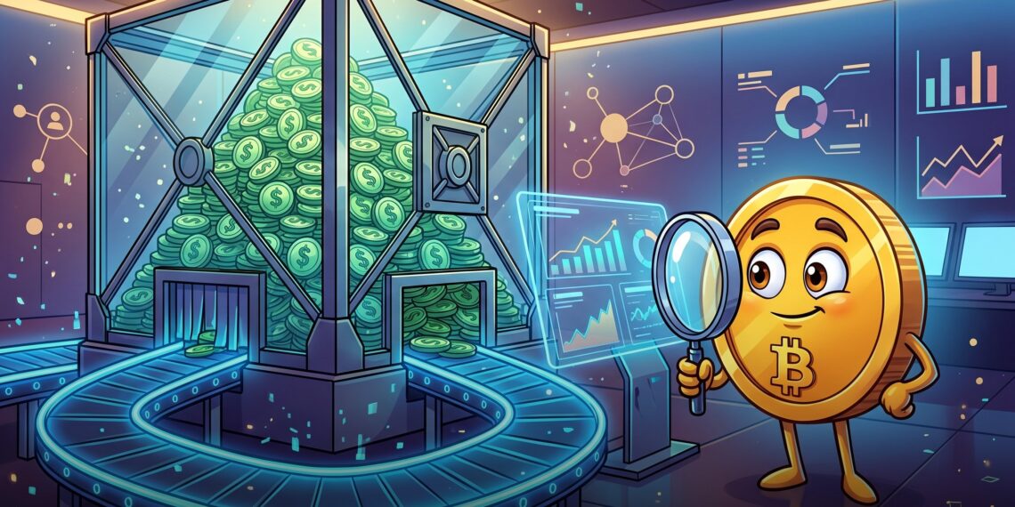 Ilustração de stablecoins em cofre digital com trilhos blockchain desacelerando
