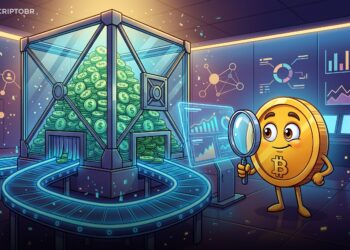 Ilustração de stablecoins em cofre digital com trilhos blockchain desacelerando