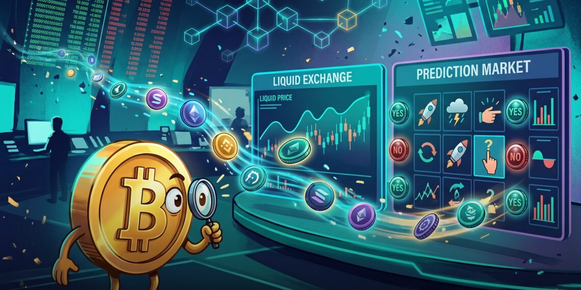 Ilustração editorial sobre Hyperliquid entrando em mercados de previsão com outcome tokens