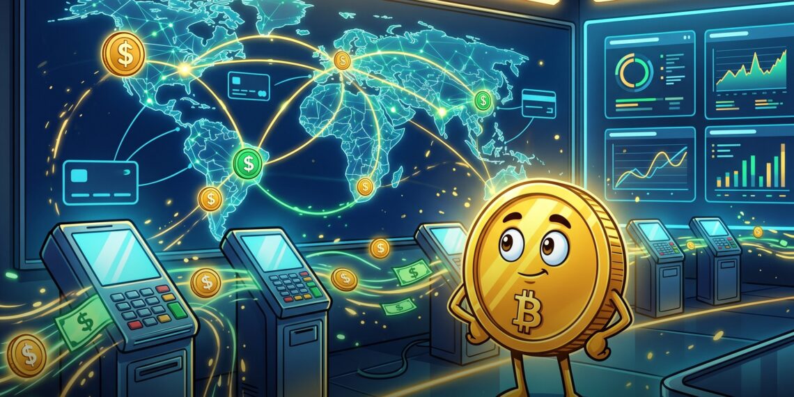 Ilustração de stablecoins em rede global de pagamentos com mascote Bitcoin
