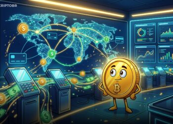 Ilustração de stablecoins em rede global de pagamentos com mascote Bitcoin