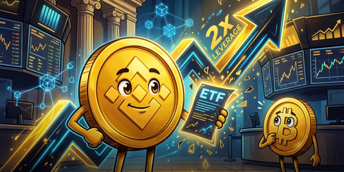 Ilustração editorial de ETF 2x de BNB negociado na NYSE Arca com mascote BNB e gráficos de mercado.
