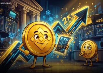 Ilustração editorial de ETF 2x de BNB negociado na NYSE Arca com mascote BNB e gráficos de mercado.