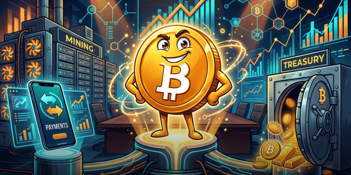 Ilustração editorial sobre Tether, Twenty One, Strike e mineração de Bitcoin