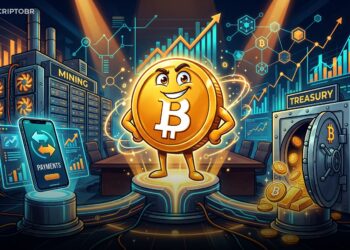 Ilustração editorial sobre Tether, Twenty One, Strike e mineração de Bitcoin