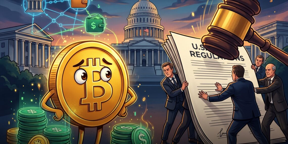 Ilustração sobre bancos dos EUA tentando frear regras de stablecoins