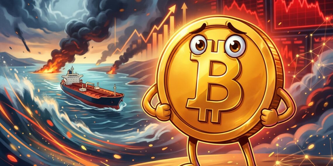 Bitcoin resiste ao Irã com petróleo a US$ 95 com mascote do Bitcoin e tensão no Estreito de Ormuz