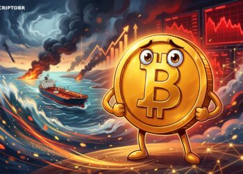 Bitcoin resiste ao Irã com petróleo a US$ 95 com mascote do Bitcoin e tensão no Estreito de Ormuz