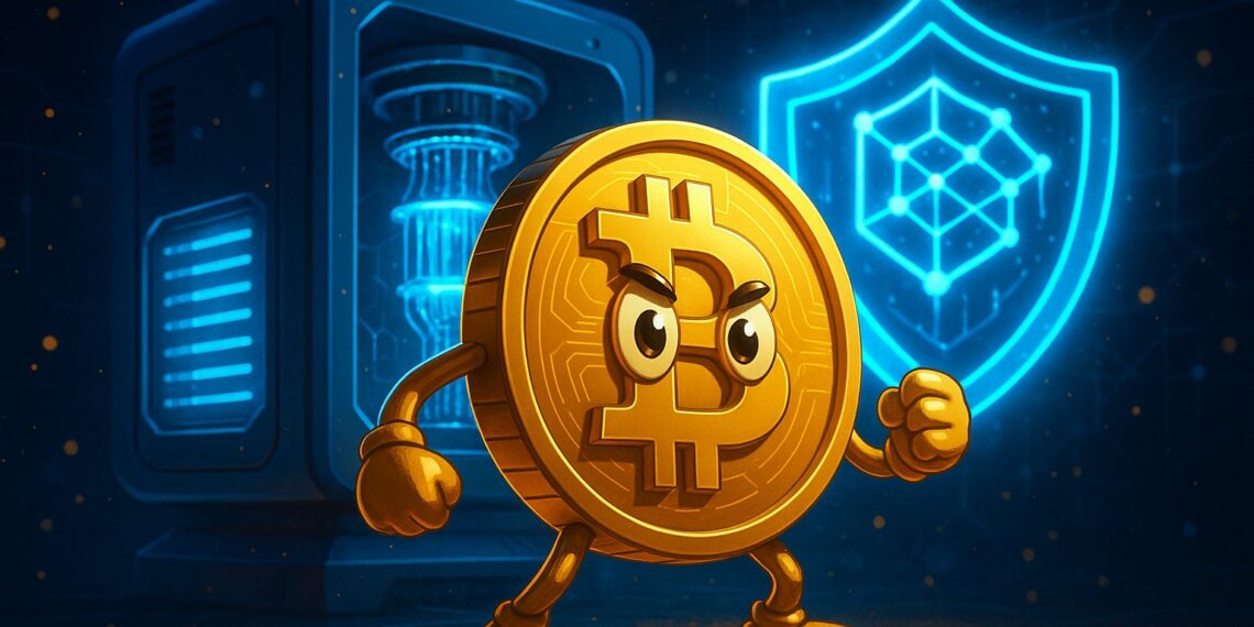 Mascote do Bitcoin diante de computador quântico com escudo digital, representando proteção contra ataques quânticos