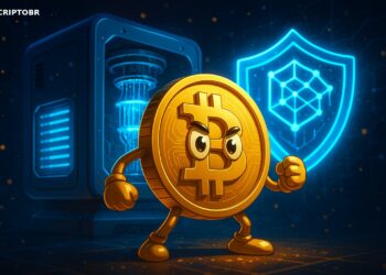 Mascote do Bitcoin diante de computador quântico com escudo digital, representando proteção contra ataques quânticos