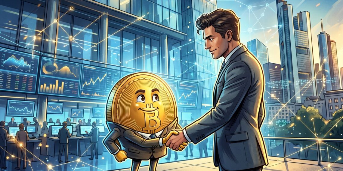 Ilustração editorial de mascote do Bitcoin com executivo diante de bolsa europeia em anúncio envolvendo a Kraken